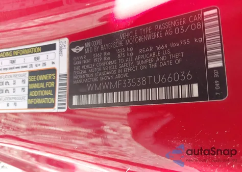 2008 Mini Cooper from USA, damaged, VIN WMWMF33538TU66036